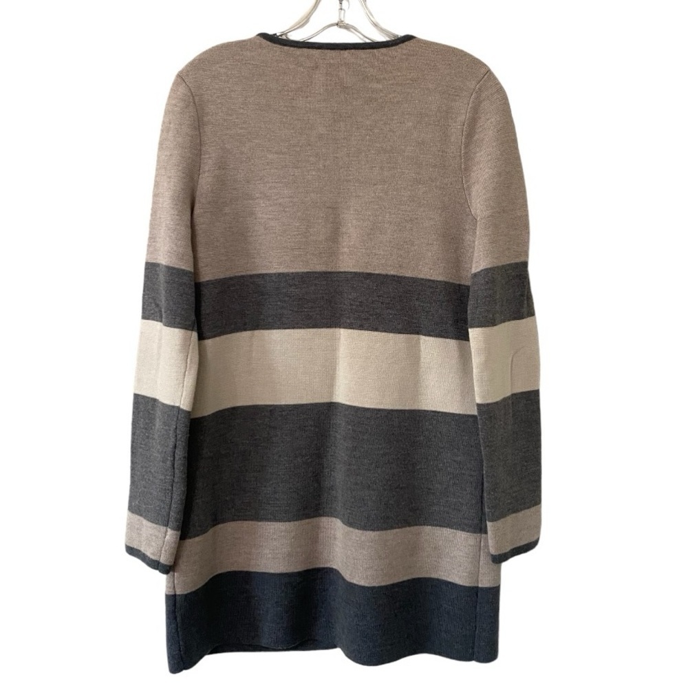 Talbots Stripes Gray Tan 100% Merino Wool Open Front Cardigan - Picture 2 of 4